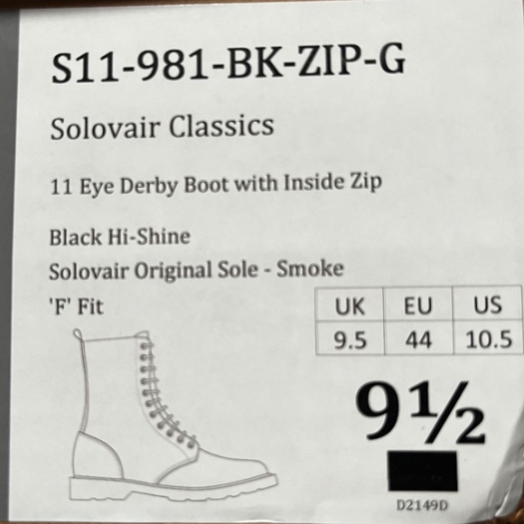 Solovair Black 11 Eyelet Zip Derby Boot Size 10.5 US - Picture 8 of 9